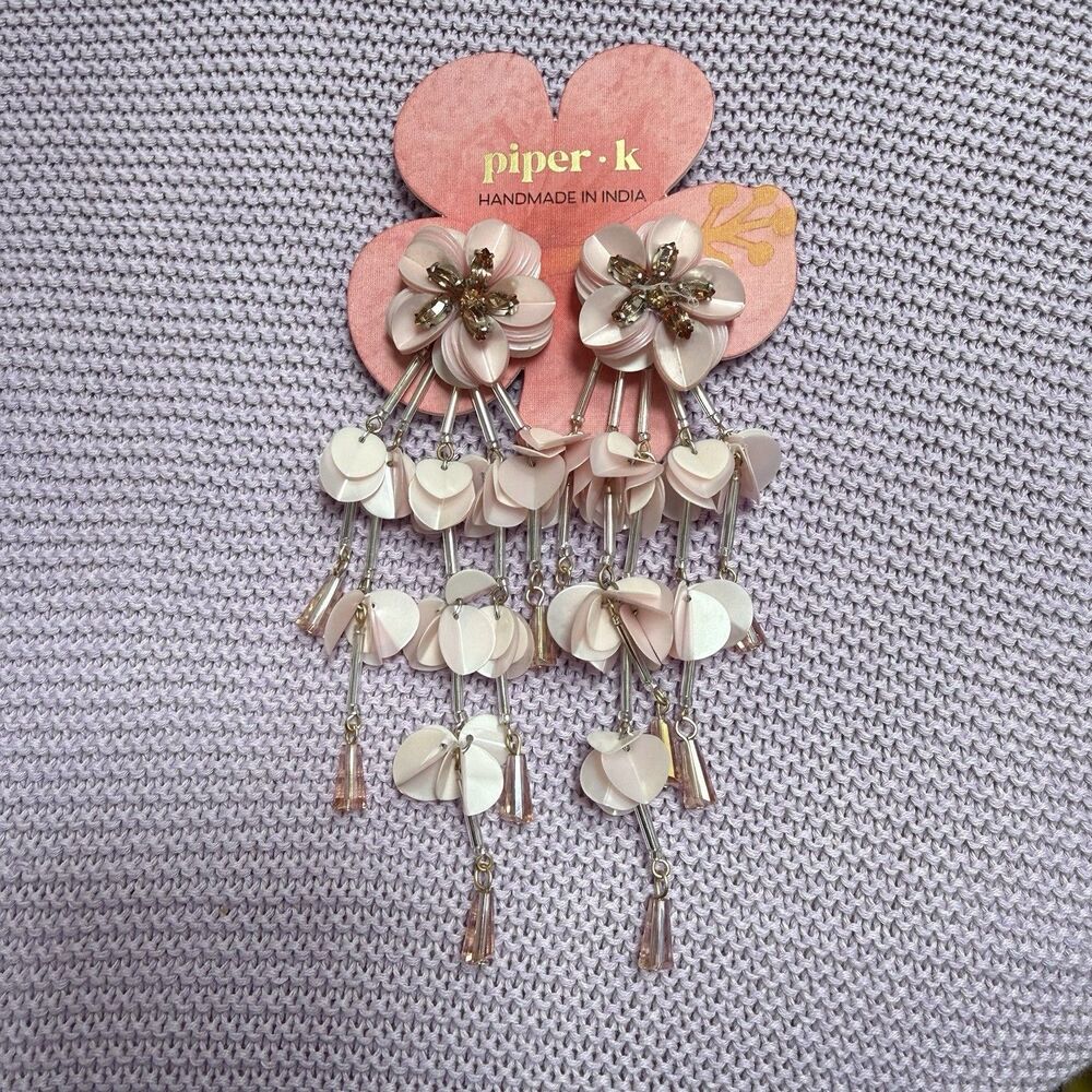 Piper K Pink Fancy Flower Dangle Earrings Long 5 Inch Crystals Lightweight New